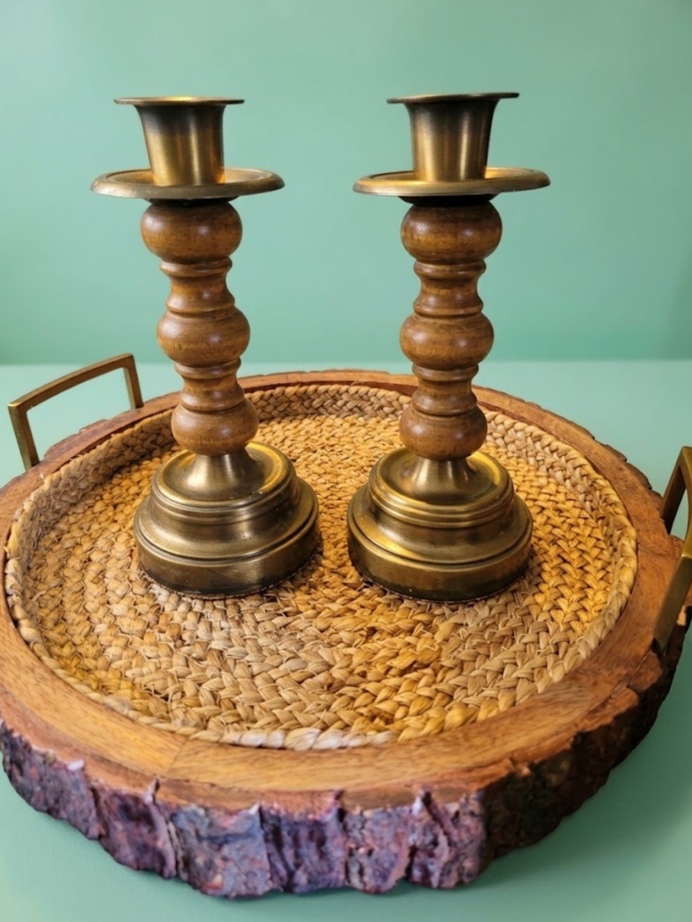 Vintage Homco Wood and Brass Candlesticks MCM 9.5"
